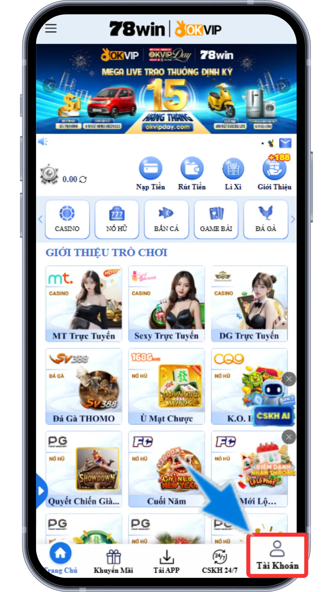 Bước 1 : Tại Trang Chủ , Chọn Tài Khoản